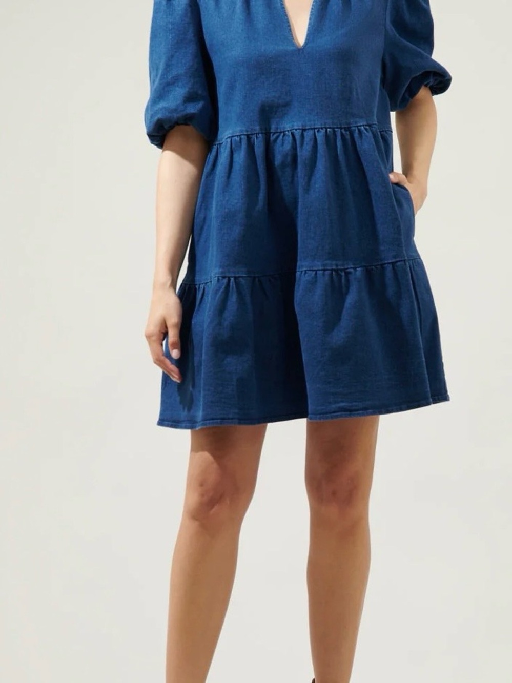 Sugarlips Denim Blue Puff-Sleeve Tiered Mini Dress - Picture 3 of 4